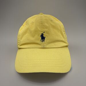 Vtg Polo Ralph Lauren YELLOW Cap Navy Pony Adjustable Leather Strap Back Hat